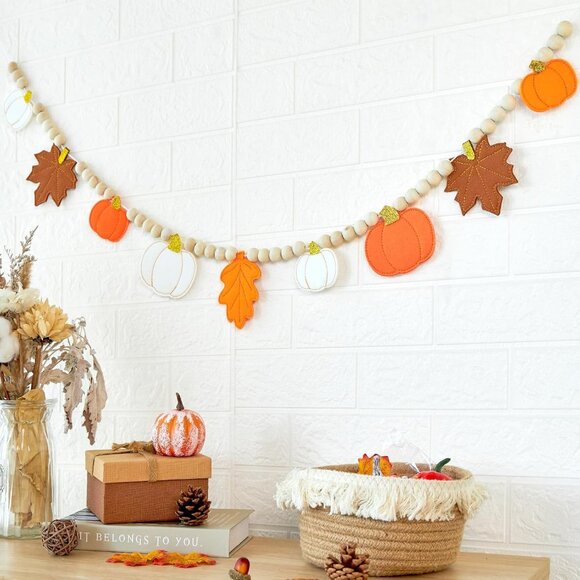 Fall Decorations for Home Felt Pumpkin Garland and Wood Bead Felt Pumpkins Hangi - Picture 1 of 8